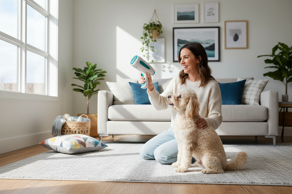 Pet Treat Launcher lifestyle photo - woman training small dog in modern living room